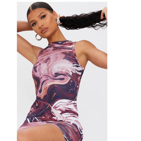 Brown Marble Print Rib Racer Neck Sleeveless Bodycon Dress - Picture 3 of 4